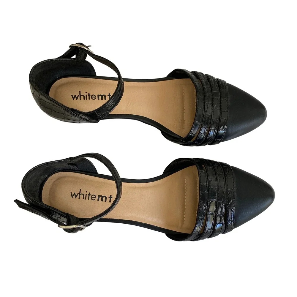 White Mountain Molly Black Wedge‎ Flats Ankle Strap 6 Minimalist Chic Comfort